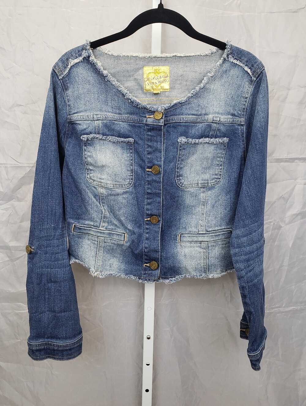 Y2K Princess Vera Wang Collarless Distressed Cropped Denim Jean Jacket Size XL